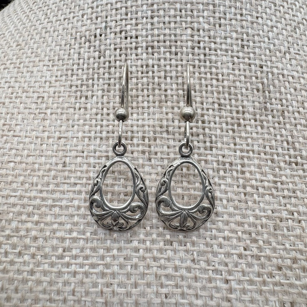 Sterling Silver Filigree Dangle Earrings .925 Ornate Teardrop 1.60g